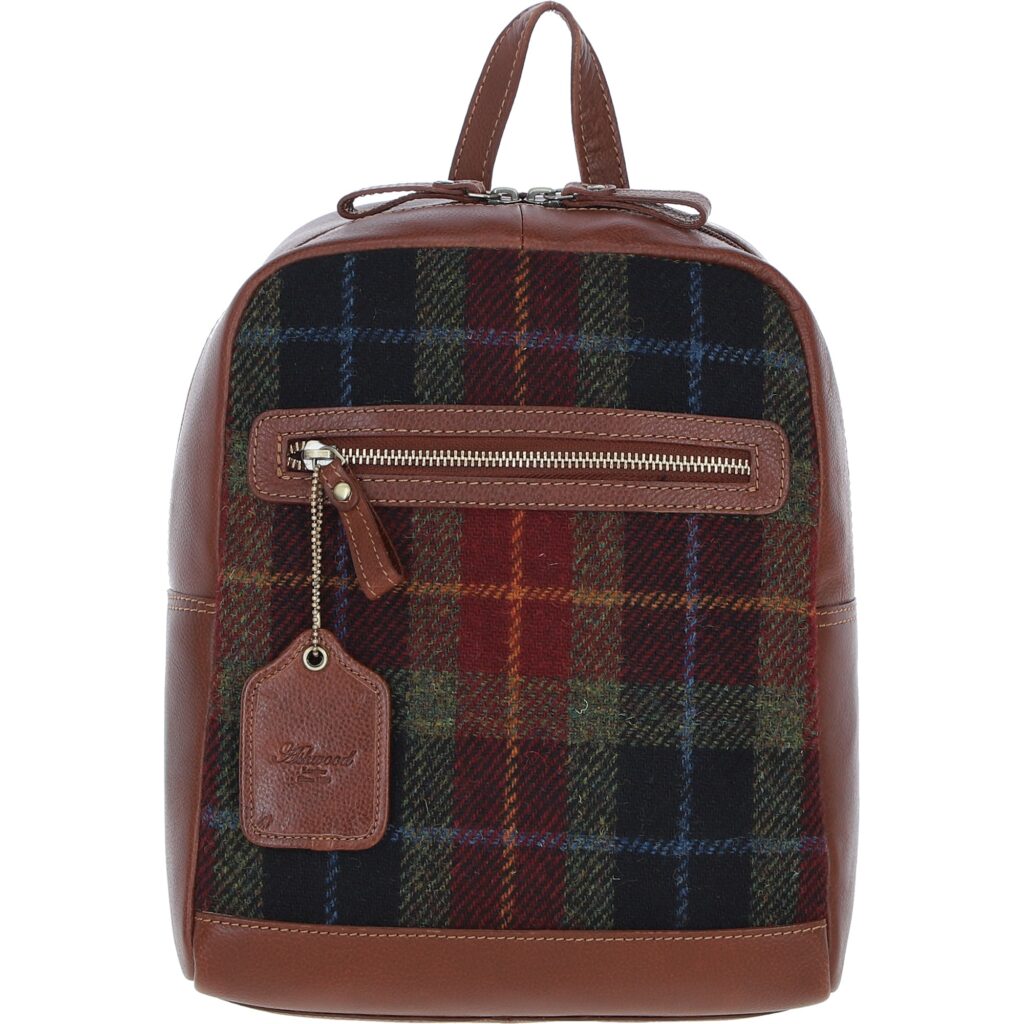 Real Leather Barassie Large Backpack with Harris Tweed - Tan Leather & Green Red