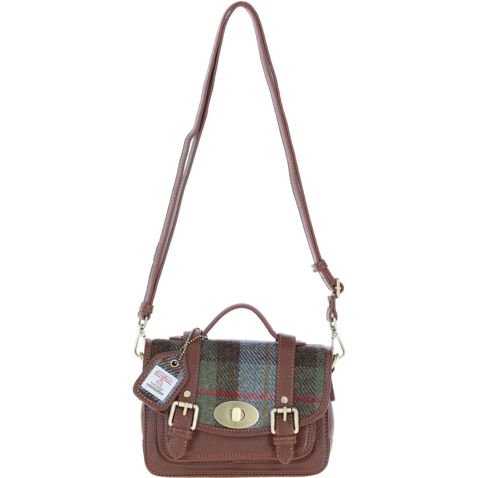 Real Leather Dundonald Small Satchel Bag with Harris Tweed Blue, Brown Tan Leather & MacLeod | Harris Tweed Scotland