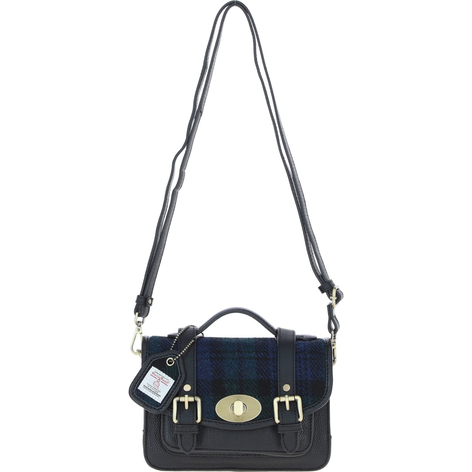 Real Leather Dundonald Small Satchel with Harris Tweed Black Leather & Black Watch | Harris Tweed Scotland