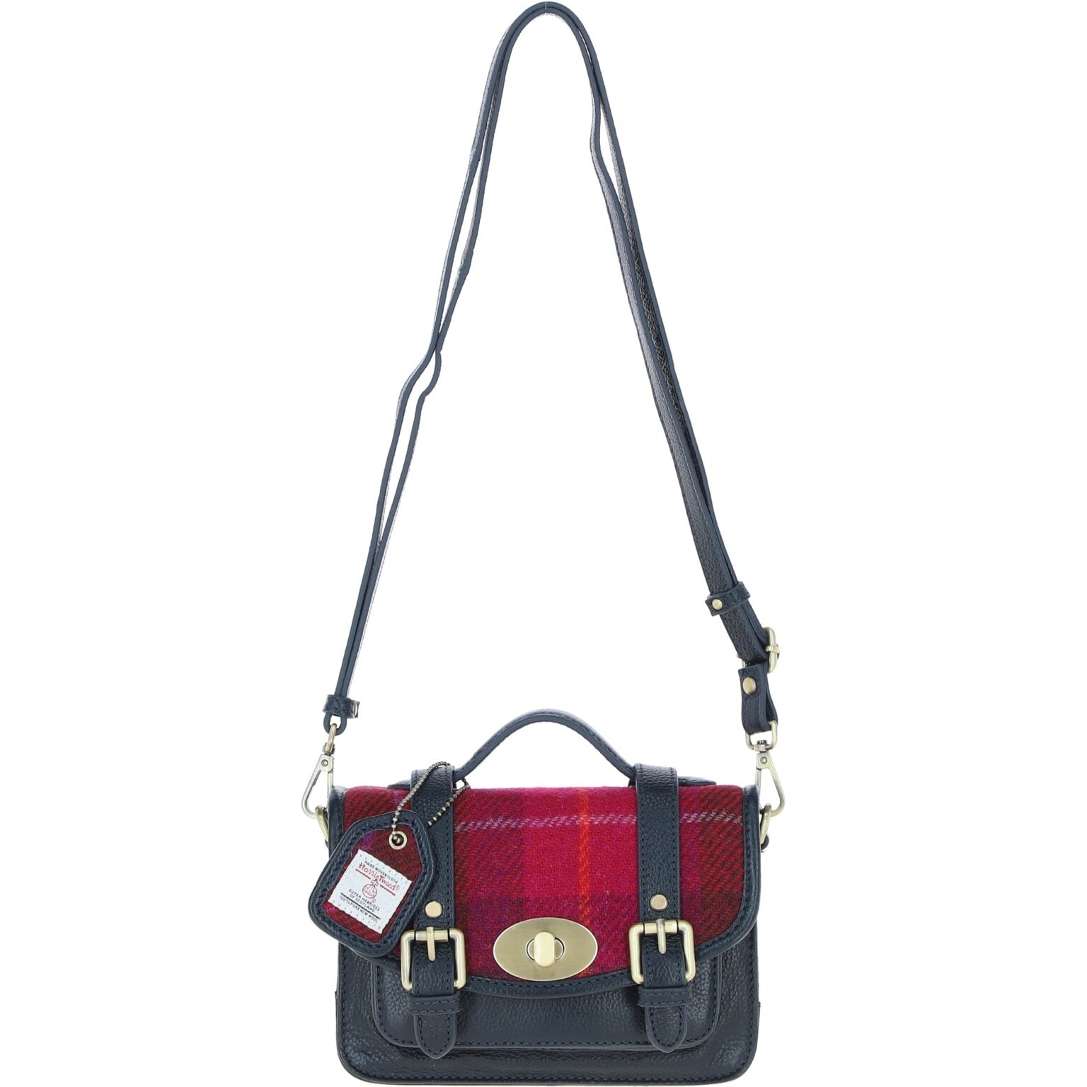 Dundonald Small Navy Blue Leather Satchel with Harris Tweed Burgundy & Purple Fabric | Harris Tweed Scotland