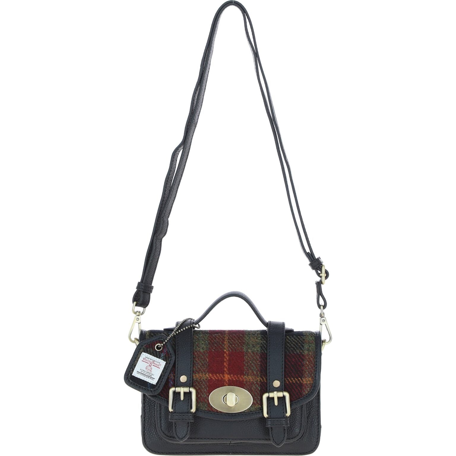 Real Leather Dundonald Small Satchel with Harris Tweed - Black Leather & Green Red