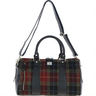 Real Black Leather Irvine Small Holdall Bag Harris Tweed Green, Navy Blue & Burgundy Fabric | Harris Tweed Scotland