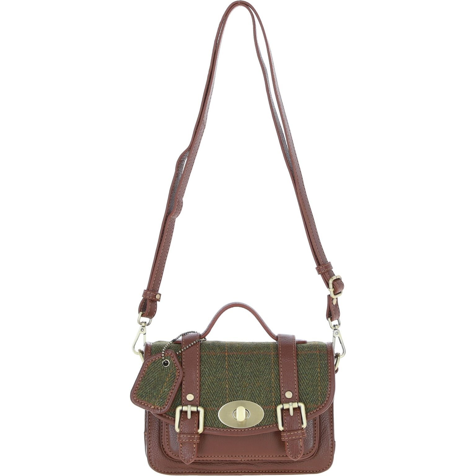 Real Leather Dundonald Small Satchel with Harris Tweed - Tan Leather & Green Check