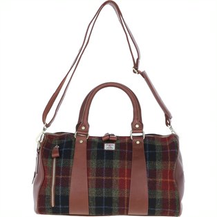 Real Brown Leather Irvine Small Holdall Bag Harris Tweed Green & Red Check | Harris Tweed Scotland