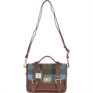 Millport Tan Leather Medium Satchel Bag with Harris Tweed Blue, Green & Brown Check Fabric | Harris Tweed Scotland