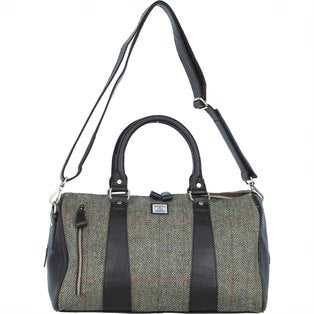 Real Black Leather Irvine Small Holdall Bag Harris Tweed Grey Green Fabric | Harris Tweed Scotland
