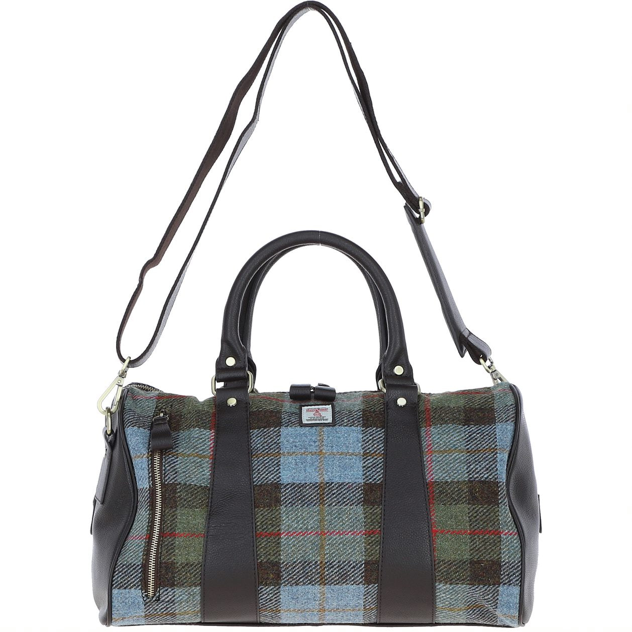 Real Brown Leather Irvine Small Holdall Bag Harris Tweed Blue, Green & Brown MacLeod Fabric | Harris Tweed Scotland