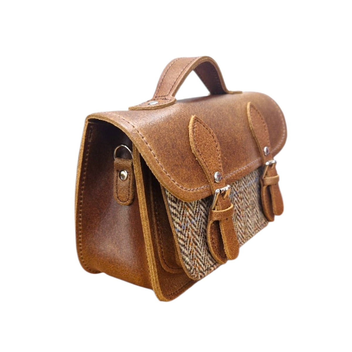 Handmade Leather & Harris Tweed Micro Satchel Plus Crossbody Bag (Tan)