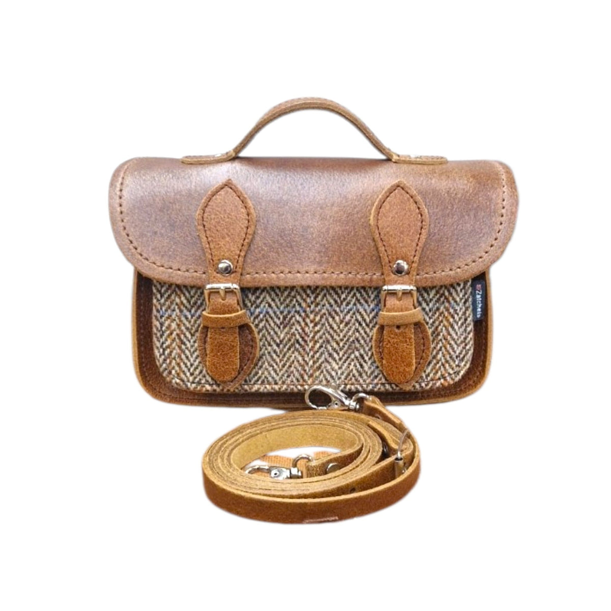 Handmade Leather & Harris Tweed Micro Satchel Plus Crossbody Bag (Tan)