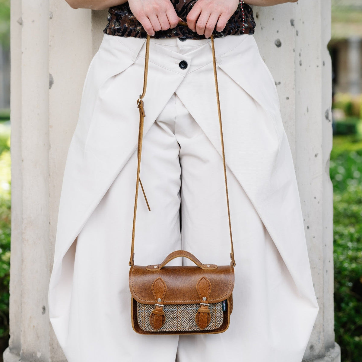 Handmade Leather & Harris Tweed Micro Satchel Plus Crossbody Bag (Tan)