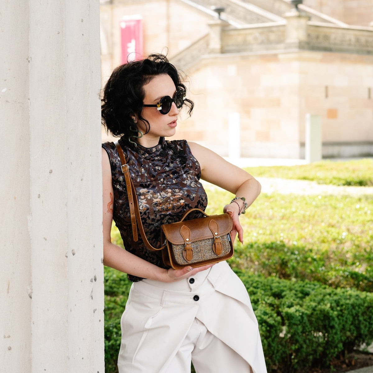 Handmade Leather & Harris Tweed Micro Satchel Plus Crossbody Bag (Tan)