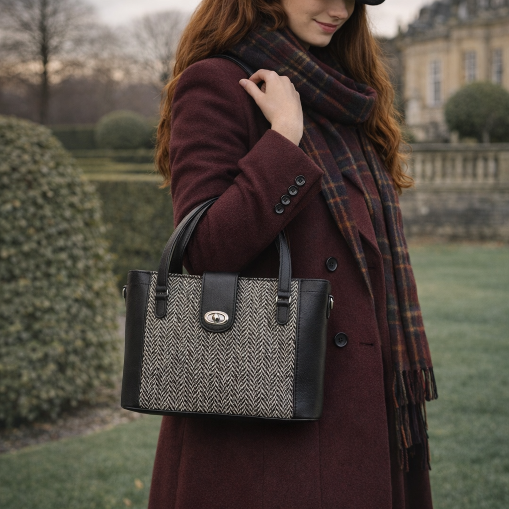 Tannery Tweed & Leather Mini Twist Lock Shopper Bag (Black)