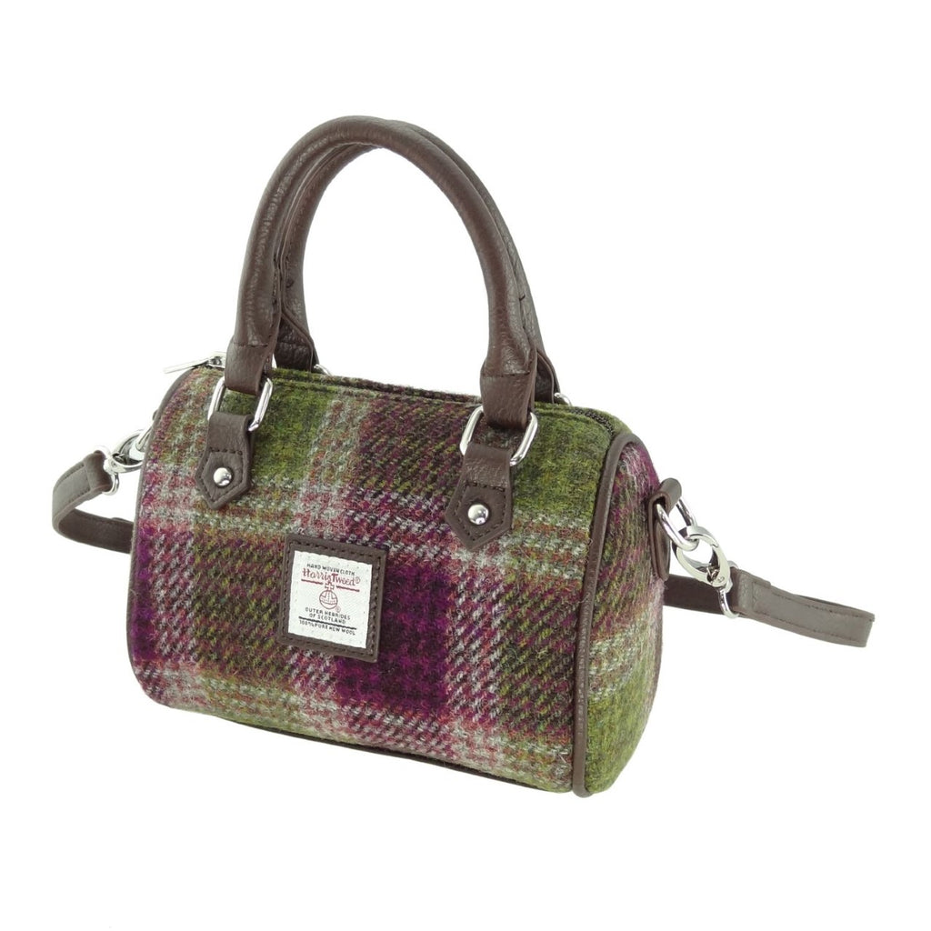 Harris Tweed 'Kilbride' Mini Bowling Bag in Red & Green Tartan - Black Tie
