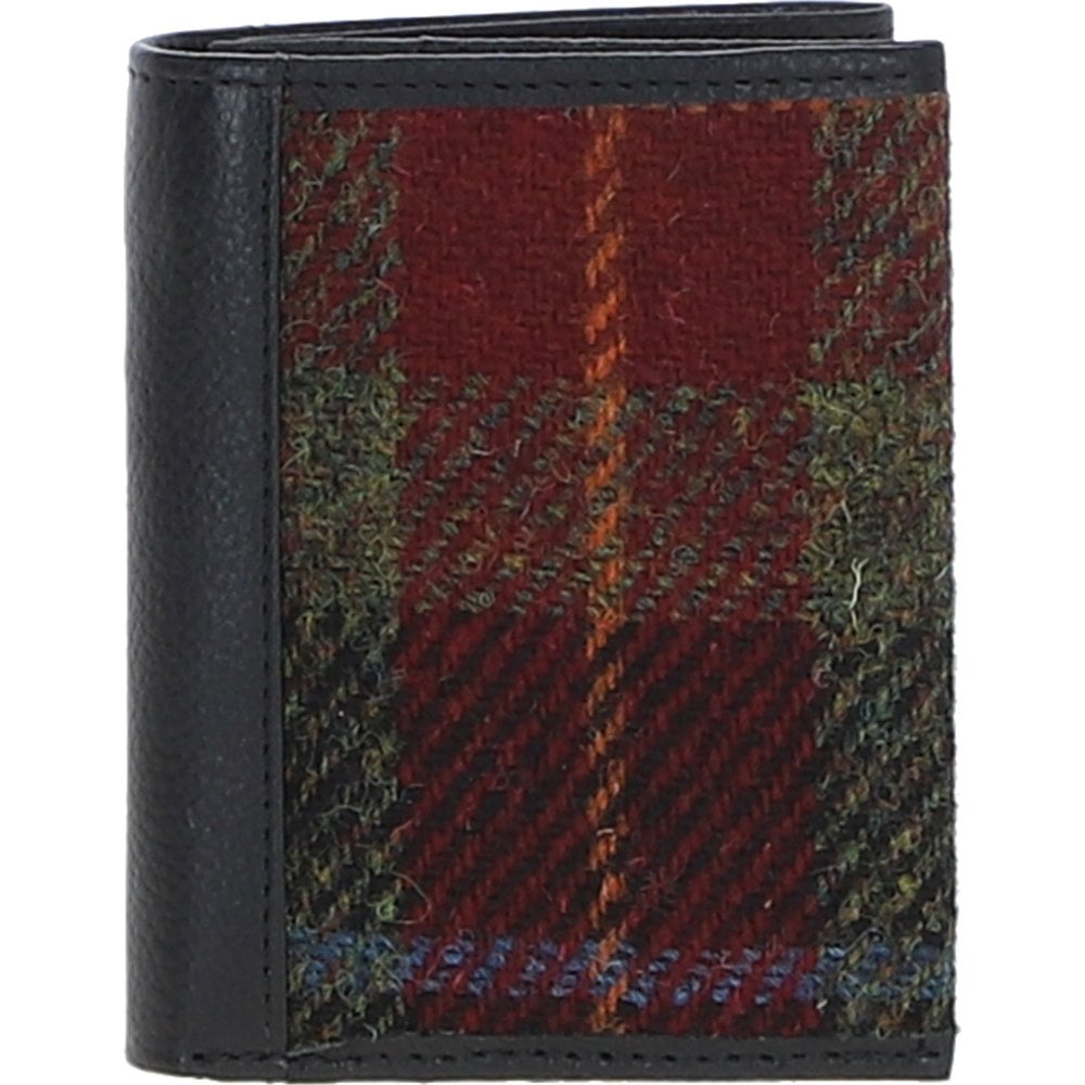 Real Leather Largs RFID Secure Wallet with Harris Tweed - Black Leather & Green Red