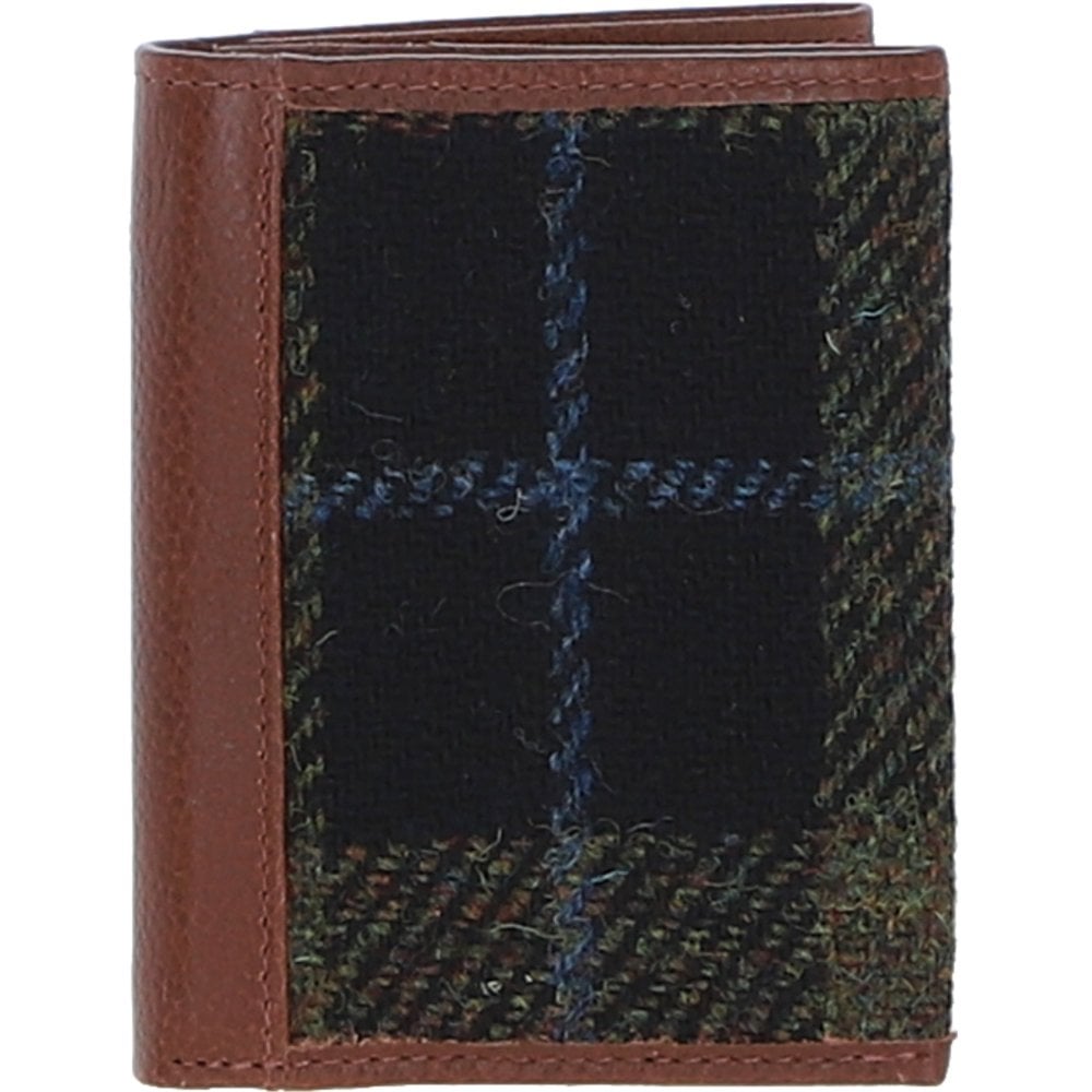 Real Leather Largs RFID Secure Wallet with Harris Tweed - Tan Leather & Green Red | Harris Tweed Scotland