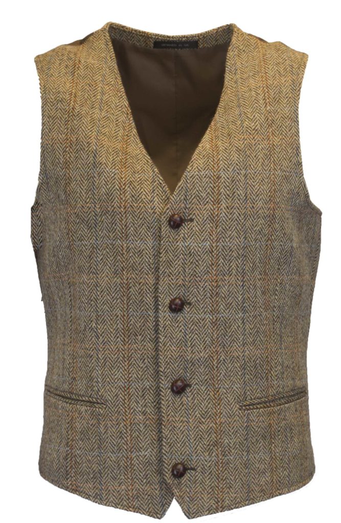 Men's Waistcoat in White Sand Harris Tweed Herringbone Overcheck Country Fabric