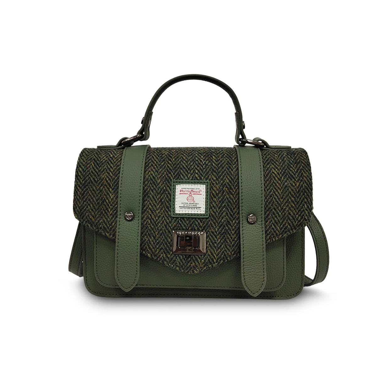 Islander Medium Leather Satchel Bag with Harris Tweed (Dark Green Herr