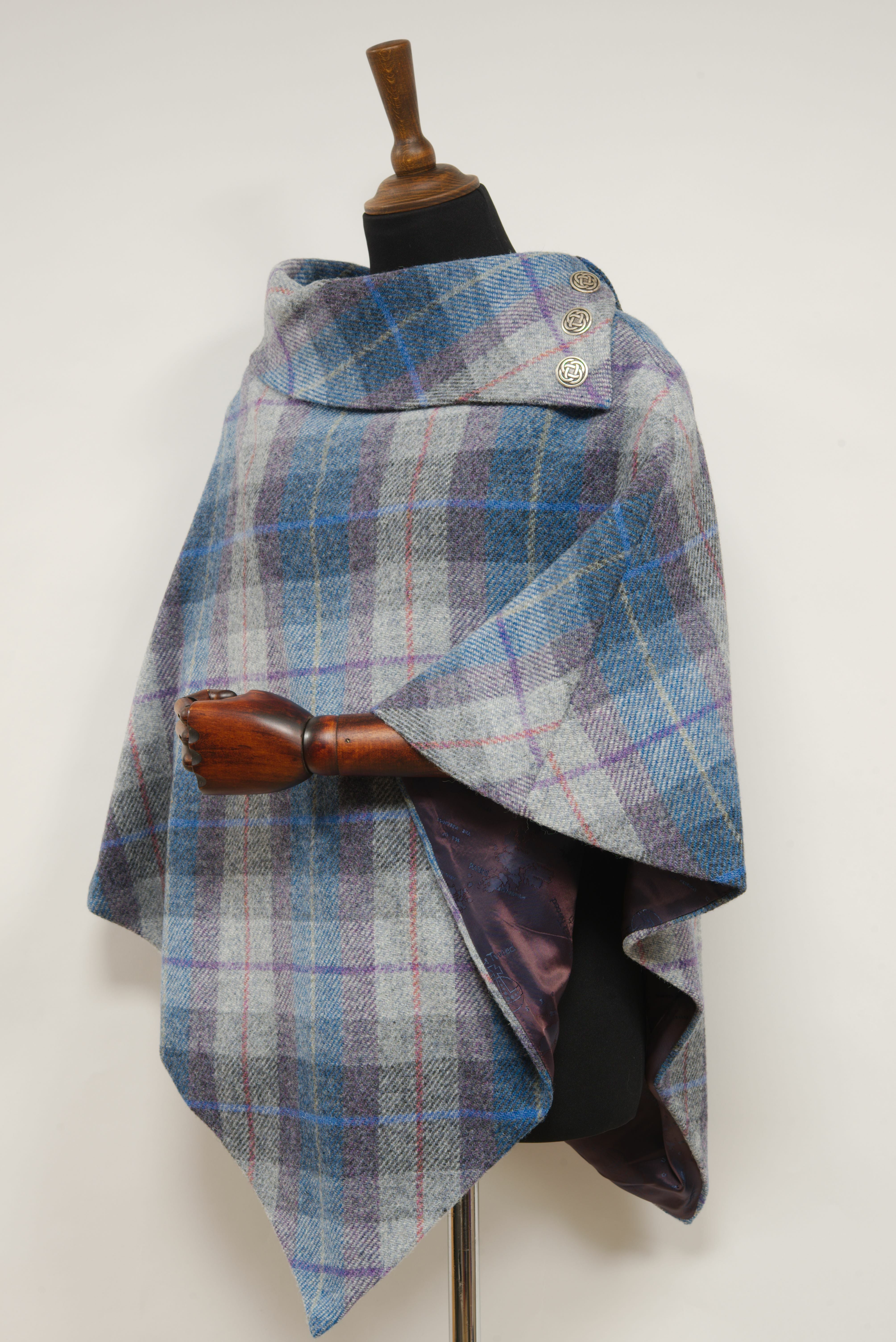 Harris Tweed Ladies Celtic Poncho Cape Blue & Grey Lavender Check