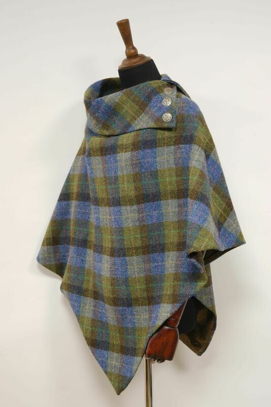 Harris Tweed Ladies Celtic Poncho Cape Denim Blue, Green & Brown Sage