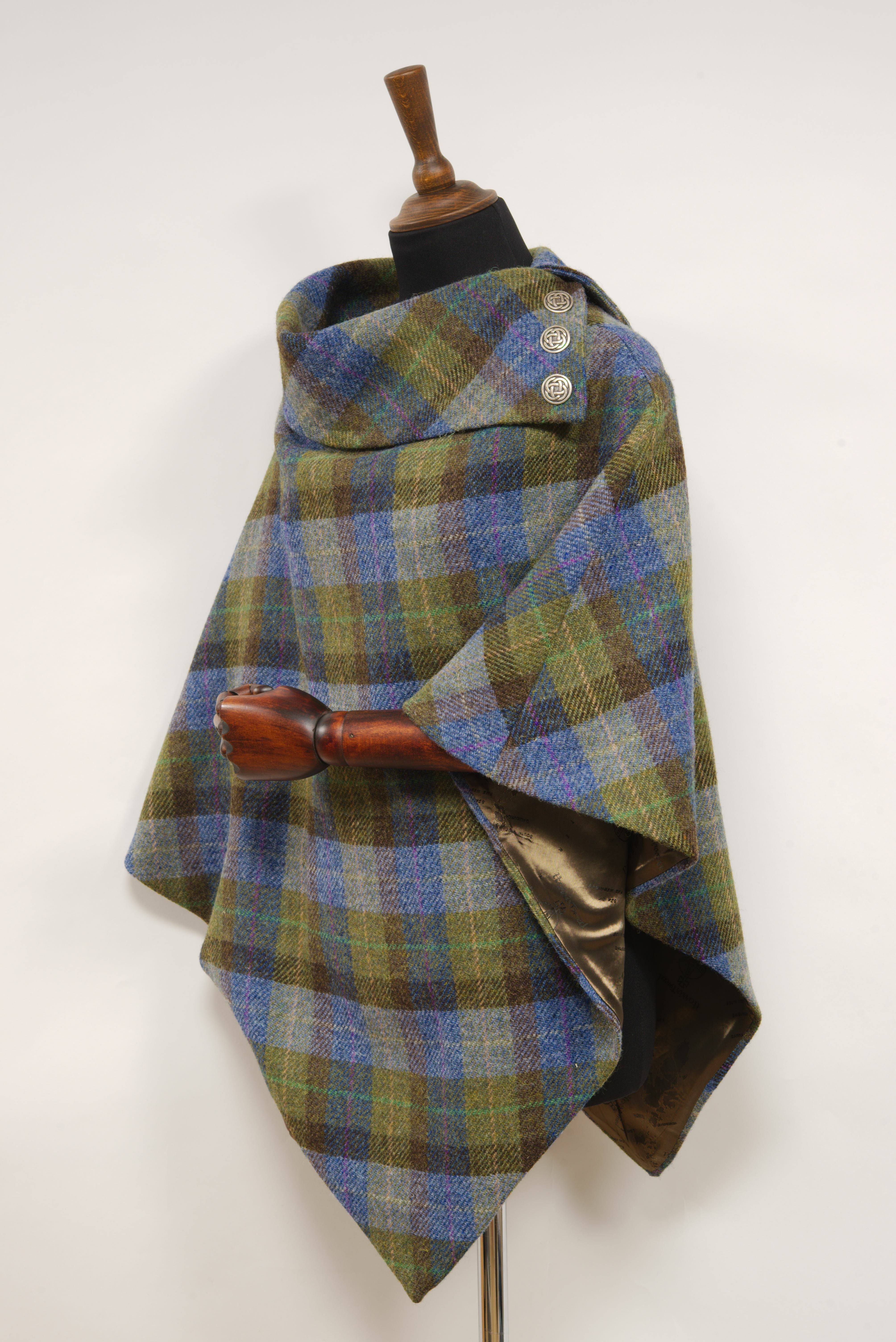 Harris Tweed Ladies Celtic Poncho Cape Denim Blue, Green & Brown Sage