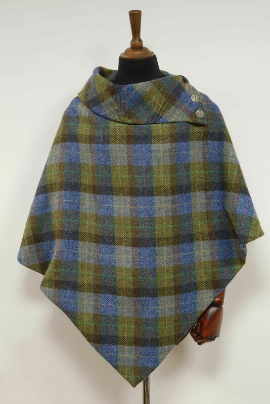 Harris Tweed Ladies Celtic Poncho Cape Denim Blue, Green & Brown Sage