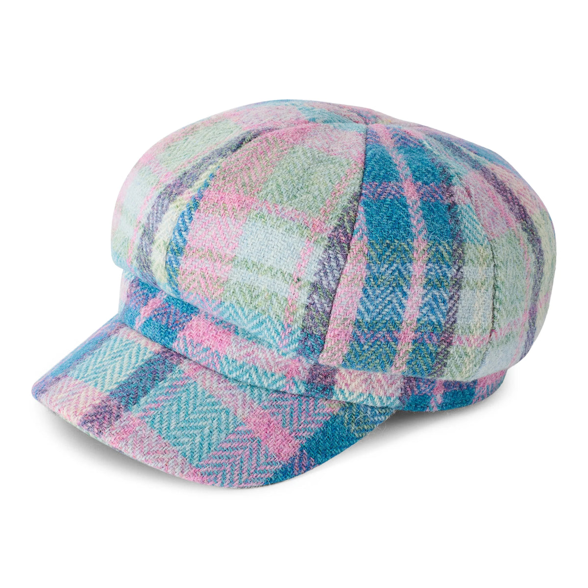 Failsworth Ladies Harris Tweed Scotland Traditional Bakerboy Classic 8 Piece Cap (Teal Aqua Pink)