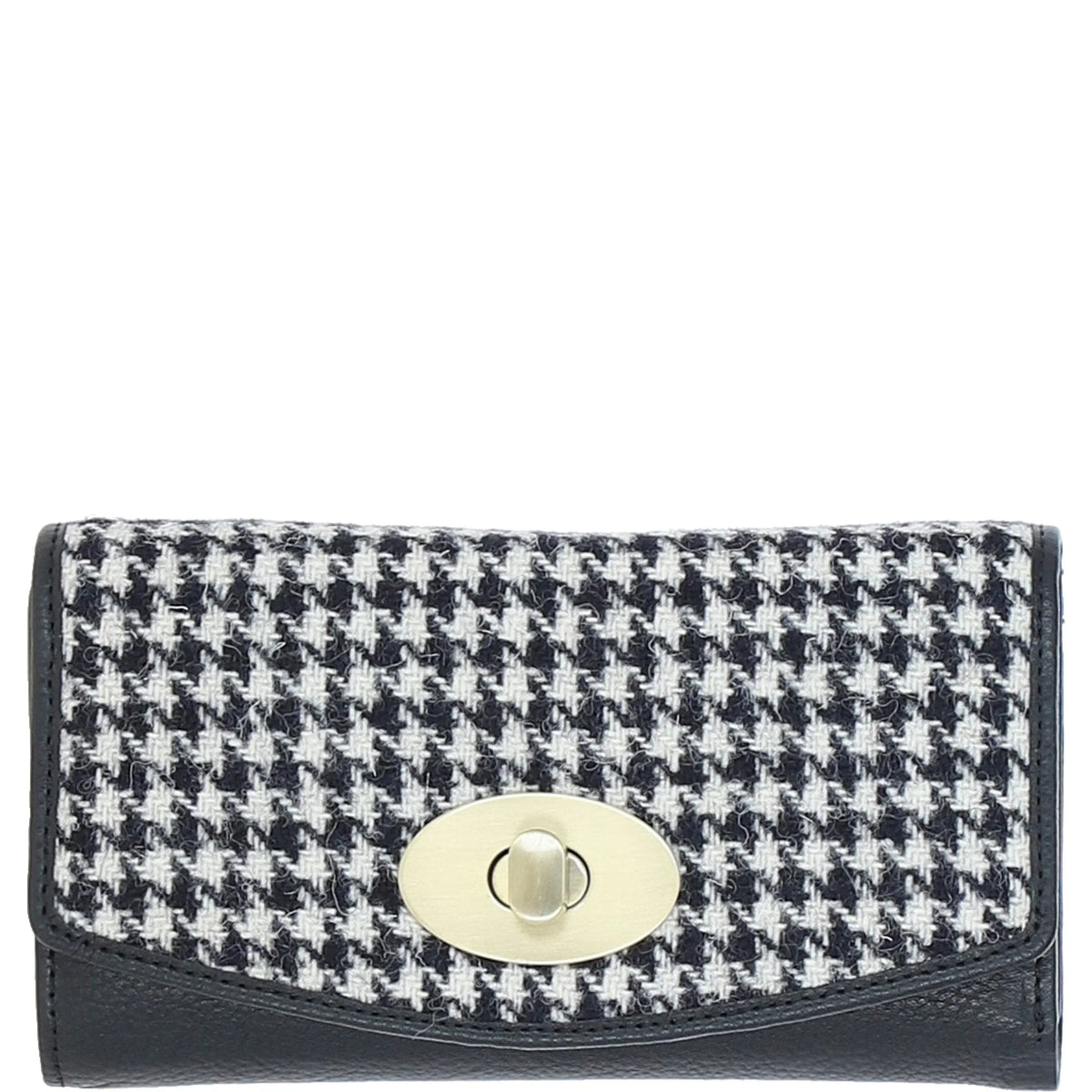 Cumbrae Large Leather Purse with Harris Tweed (Black & White Dogtooth)