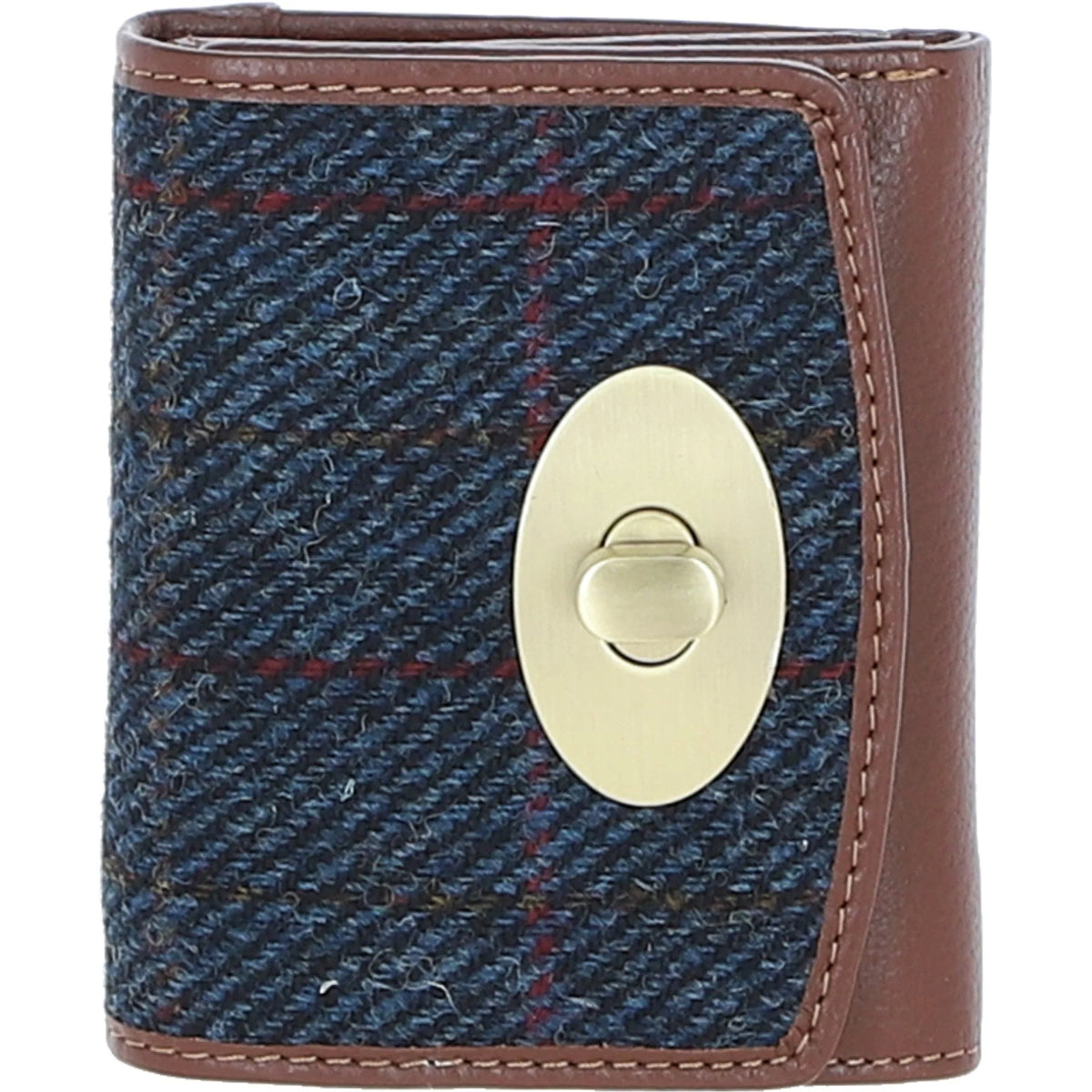 Fairlie Small Brown Leather Trifold Purse with Harris Tweed (Tan & Navy)