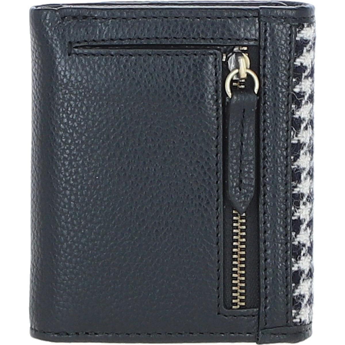 Fairlie Small Brown Leather Trifold Purse with Harris Tweed (Black & White Dogtooth)