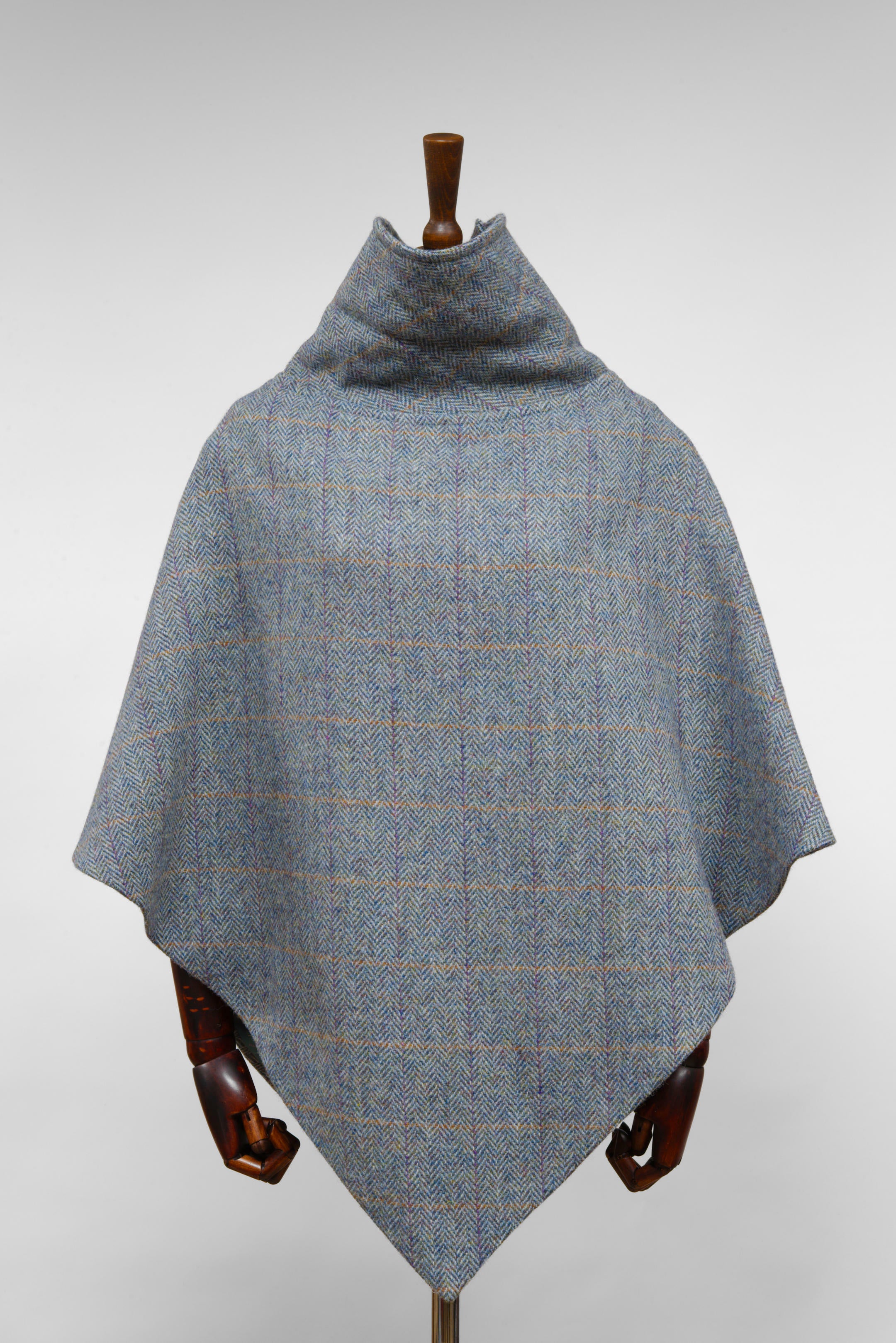 Harris Tweed Ladies Celtic Poncho Cape Opal Blue, Grey & Orange Overcheck
