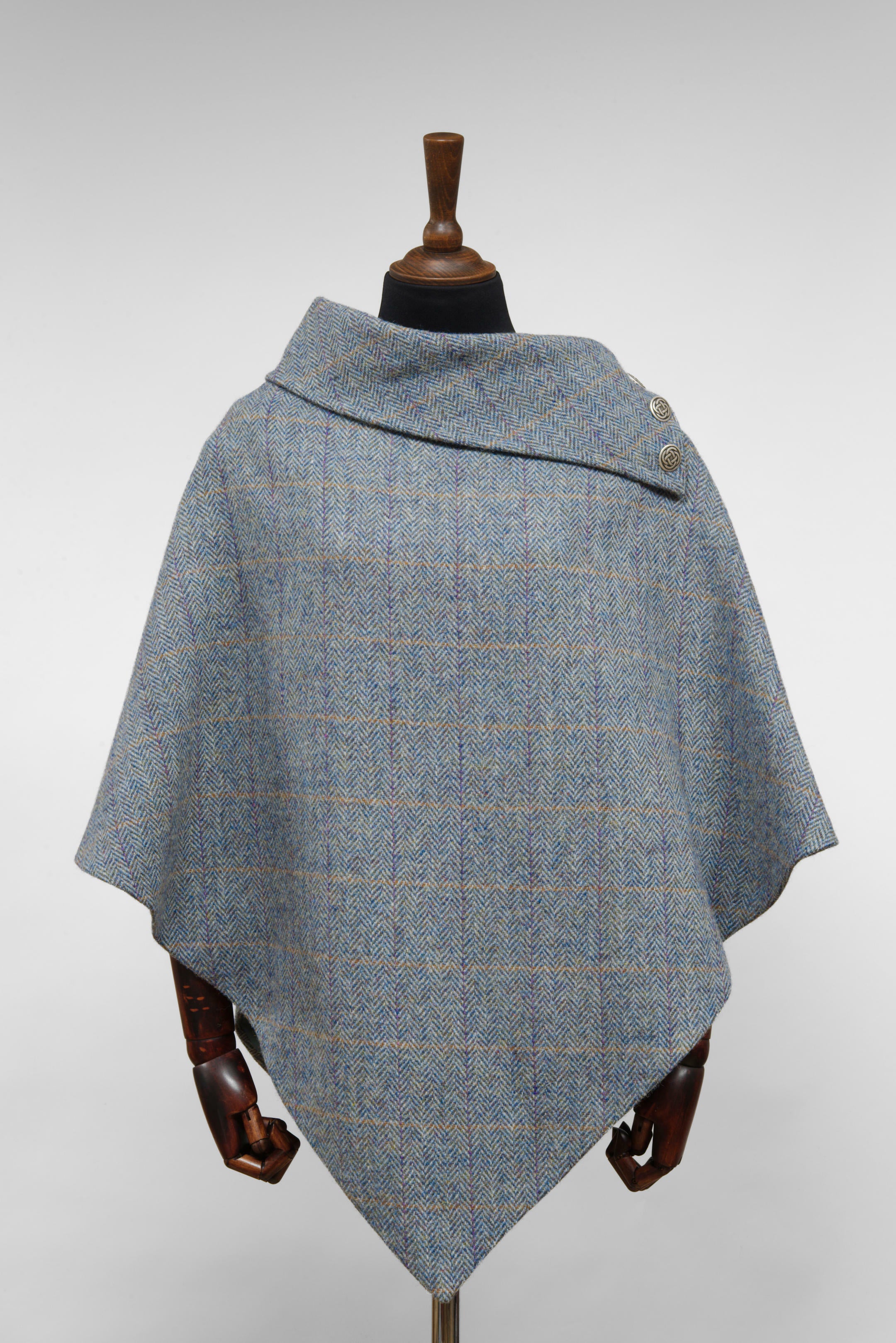 Harris Tweed Ladies Celtic Poncho Cape Opal Blue, Grey & Orange Overcheck