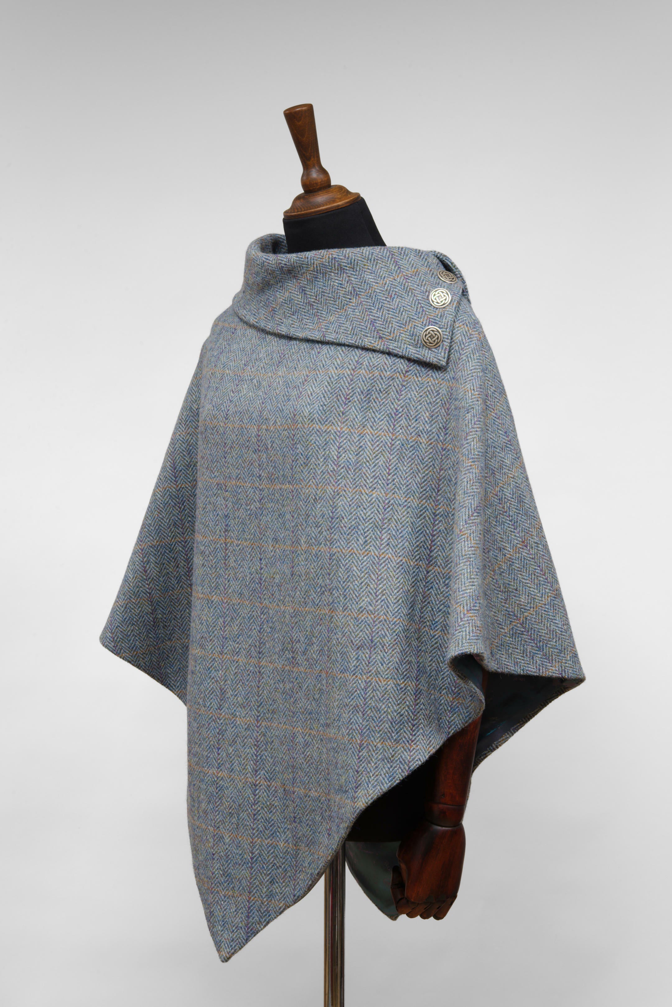 Harris Tweed Ladies Celtic Poncho Cape Opal Blue, Grey & Orange Overcheck