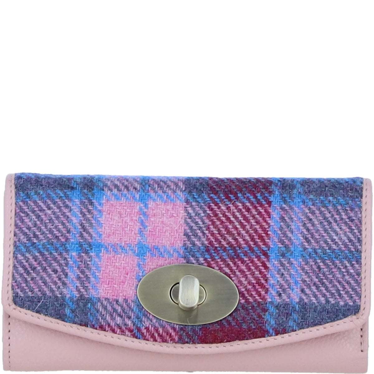 Cumbrae Large Leather Purse with Harris Tweed (Pink & Blue Tartan)