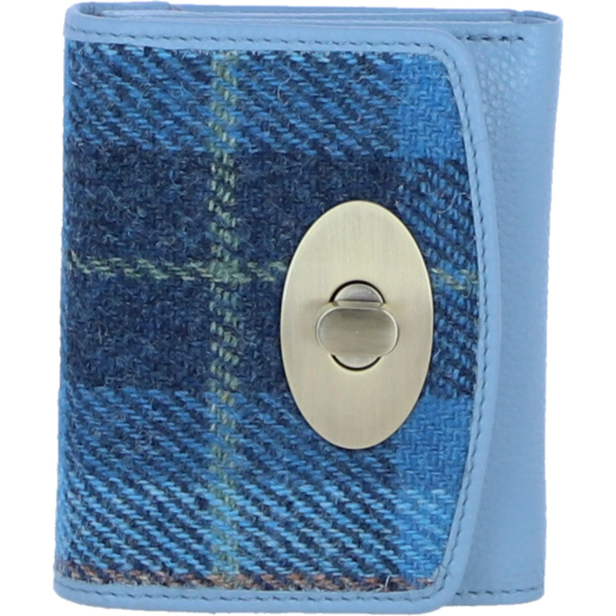 Fairlie Small Brown Leather Trifold Purse with Harris Tweed (Baby Blue)
