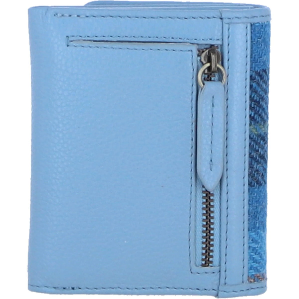 Fairlie Small Brown Leather Trifold Purse with Harris Tweed (Baby Blue)