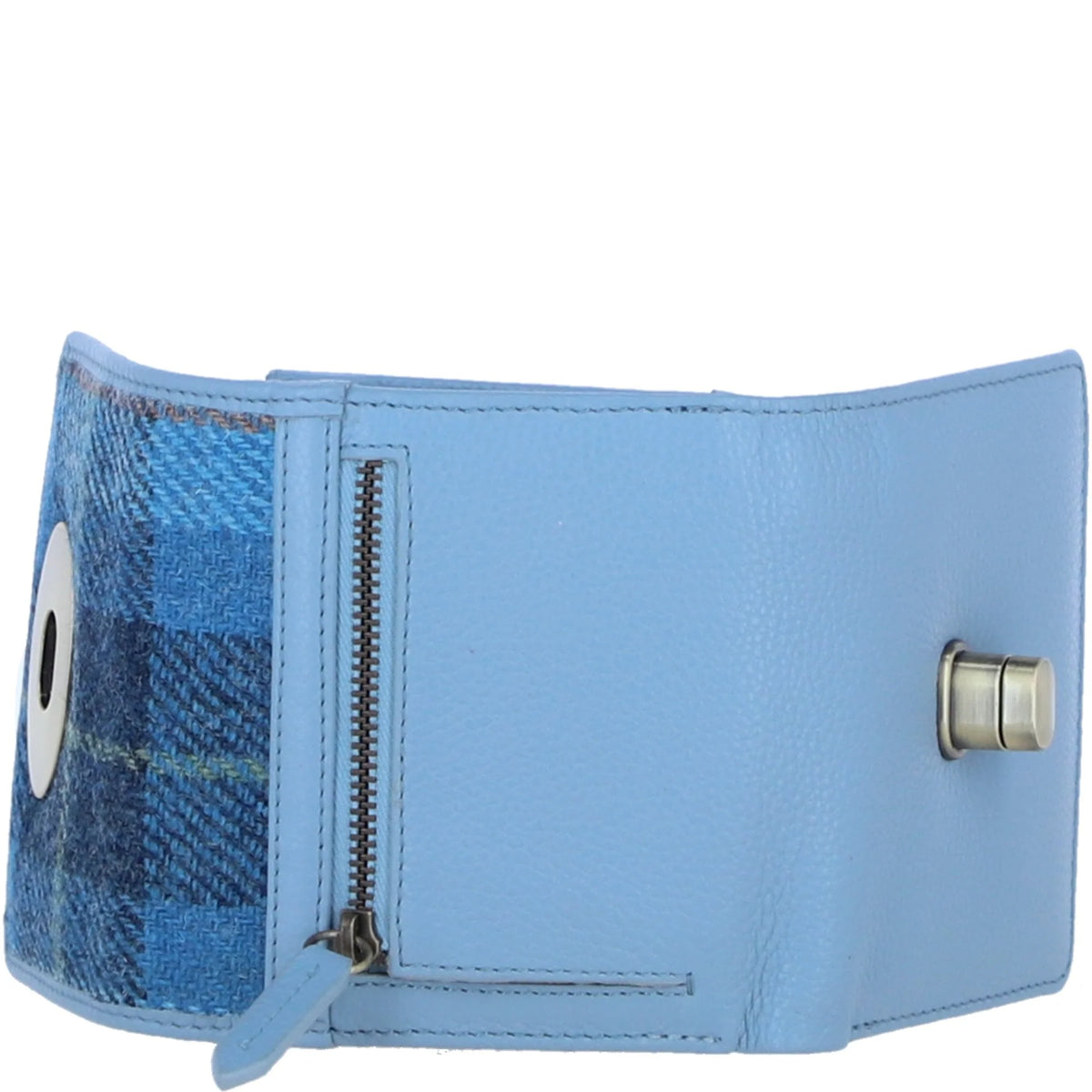 Fairlie Small Brown Leather Trifold Purse with Harris Tweed (Baby Blue)