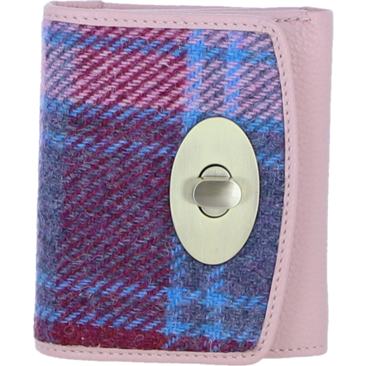 Fairlie Small Brown Leather Trifold Purse with Harris Tweed (Baby Pink)