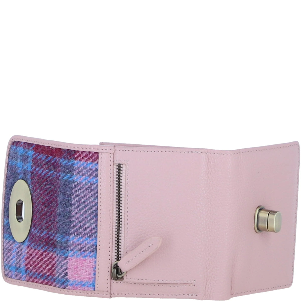 Fairlie Small Brown Leather Trifold Purse with Harris Tweed (Baby Pink)