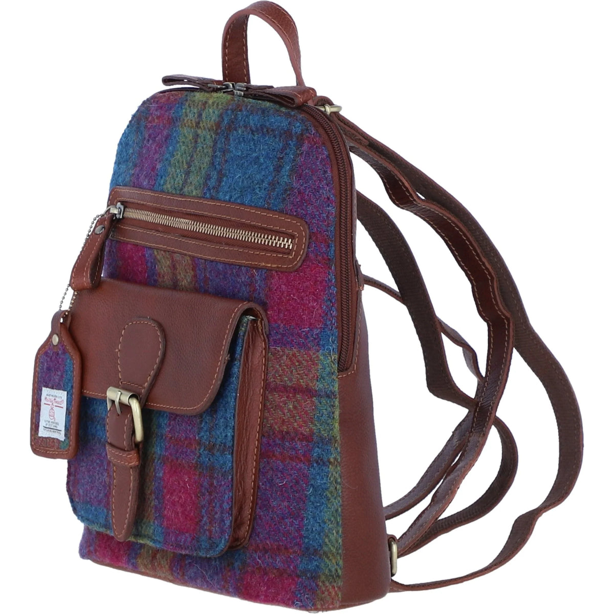 Genuine Leather Ayr Backpack with Harris Tweed (Tan Leather & Multi Colour Tartan)