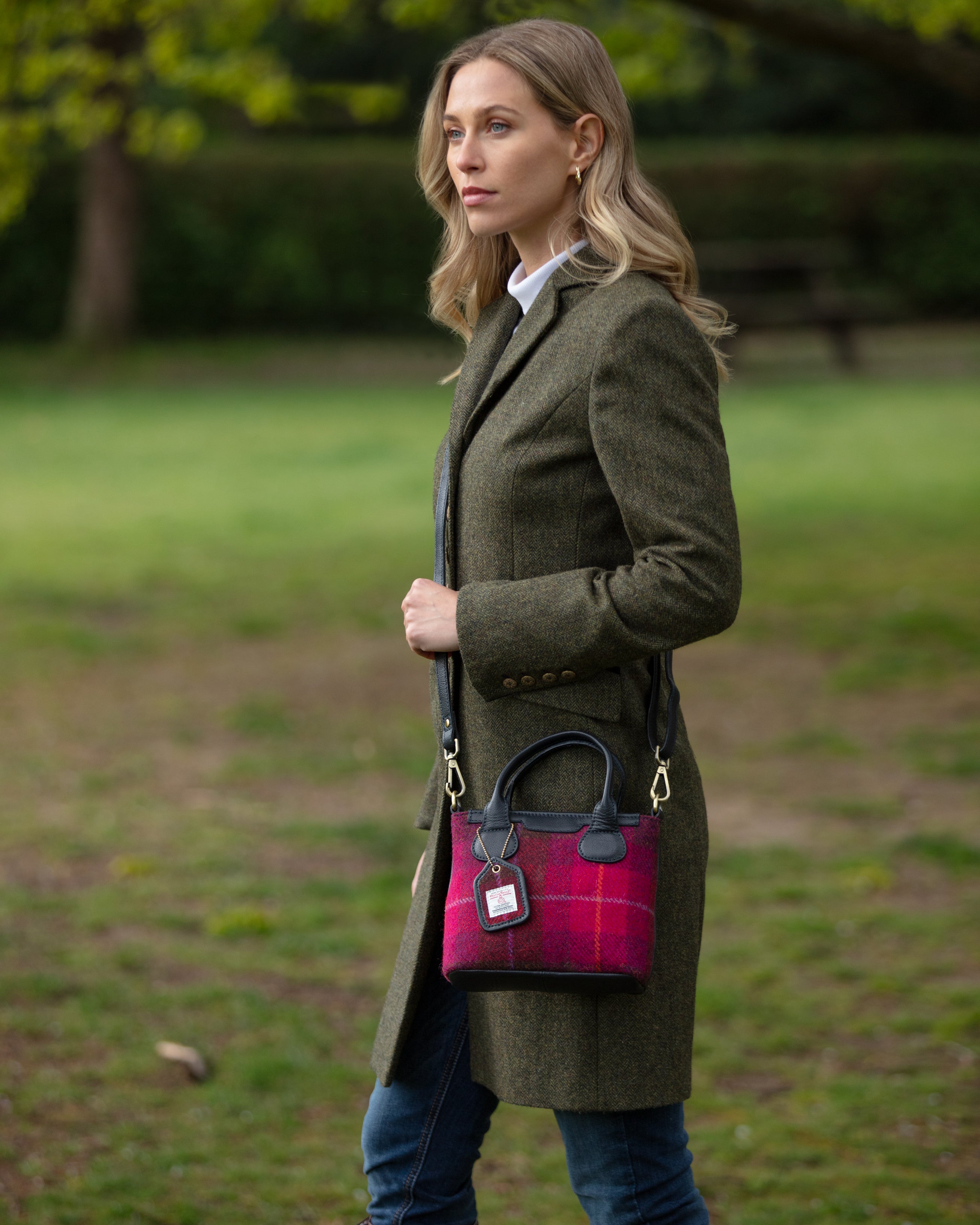 Real Leather & Harris Tweed Troon Mini Handbag with Removable Crossbody Strap Tan Leather & Navy