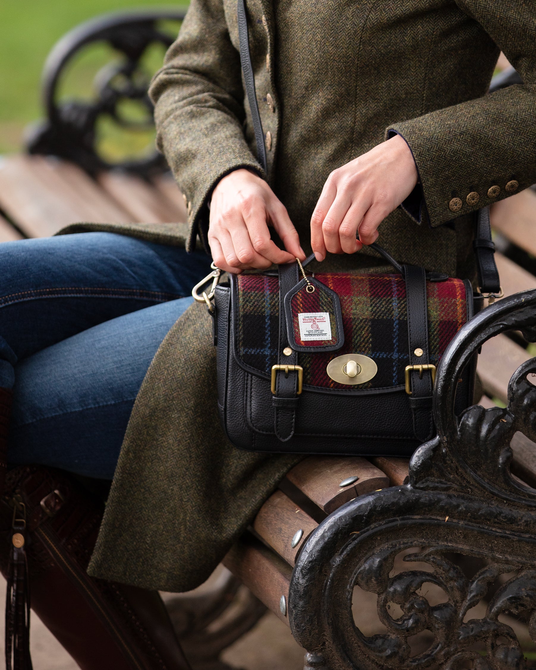 Real Leather Dundonald Small Satchel with Harris Tweed Black Leather & Black Watch