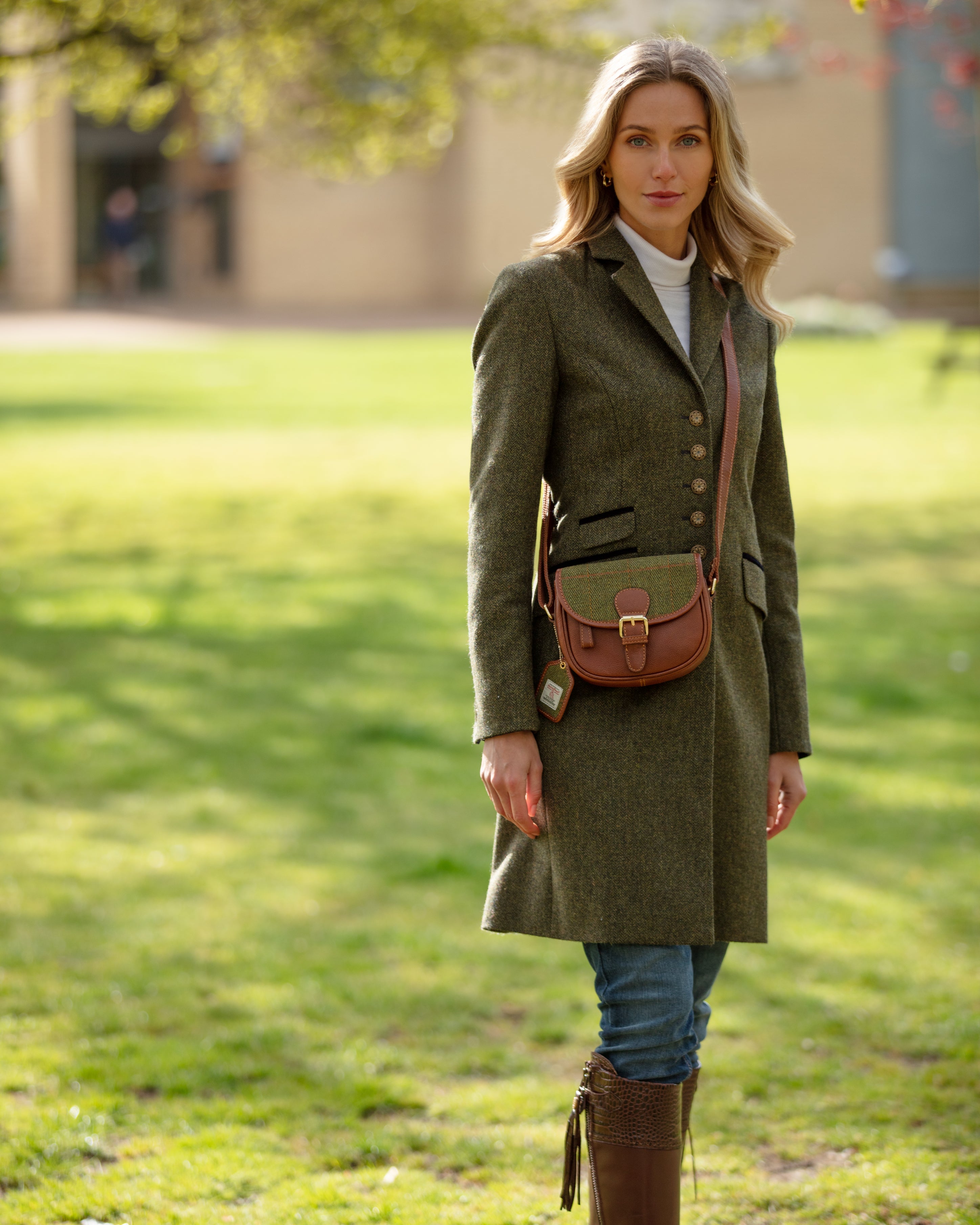 Real Leather Prestwick Small Saddle Bag with Harris Tweed - Brown Leather &amp; Green