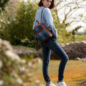 Real Leather Barassie Large Backpack with Harris Tweed - Navy Leather &amp; Fuschia