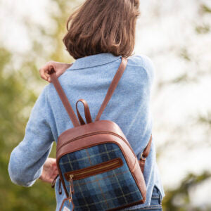Real Leather Barassie Large Backpack with Harris Tweed - Tan Leather &amp; Black Watch