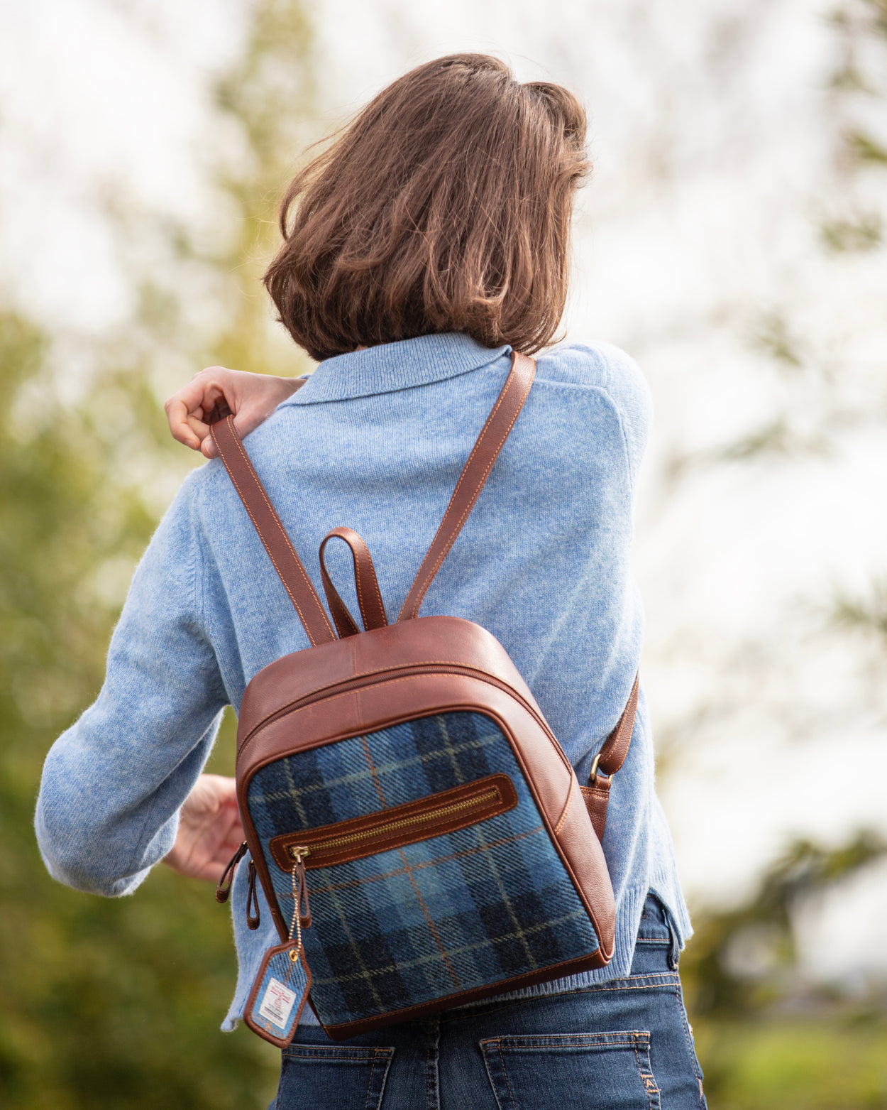 Real Leather Barassie Large Backpack with Harris Tweed Tan Leather & Green Red
