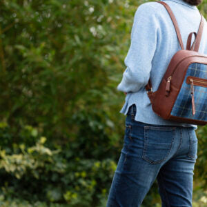 Real Leather Barassie Large Backpack with Harris Tweed - Tan Leather &amp; Black Watch