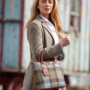 Real Leather Turnberry Shoulder Bag with Harris Tweed - Brown Leather &amp; Green
