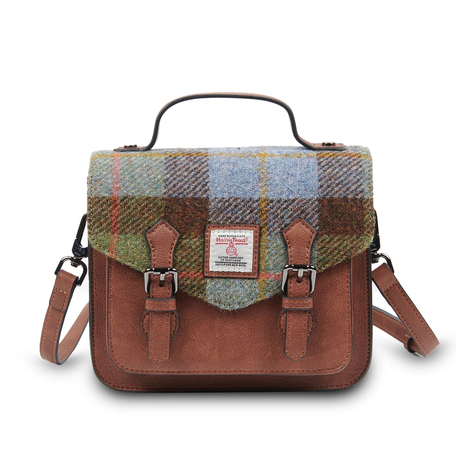 Islander Mini Calton Satchel with Harris Tweed - Chestnut-Blue Tartan
