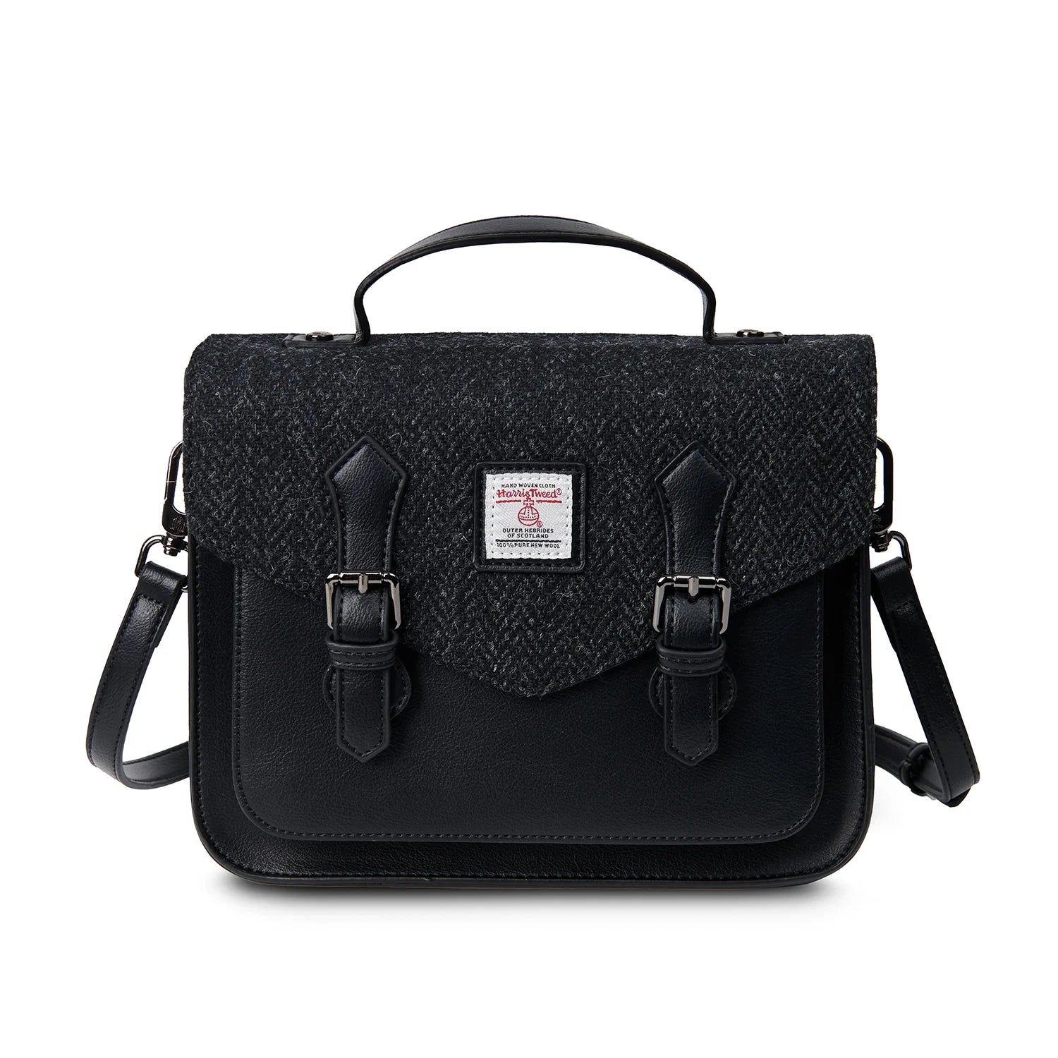 Islander Medium Calton Satchel with Harris Tweed - Black Herringbone