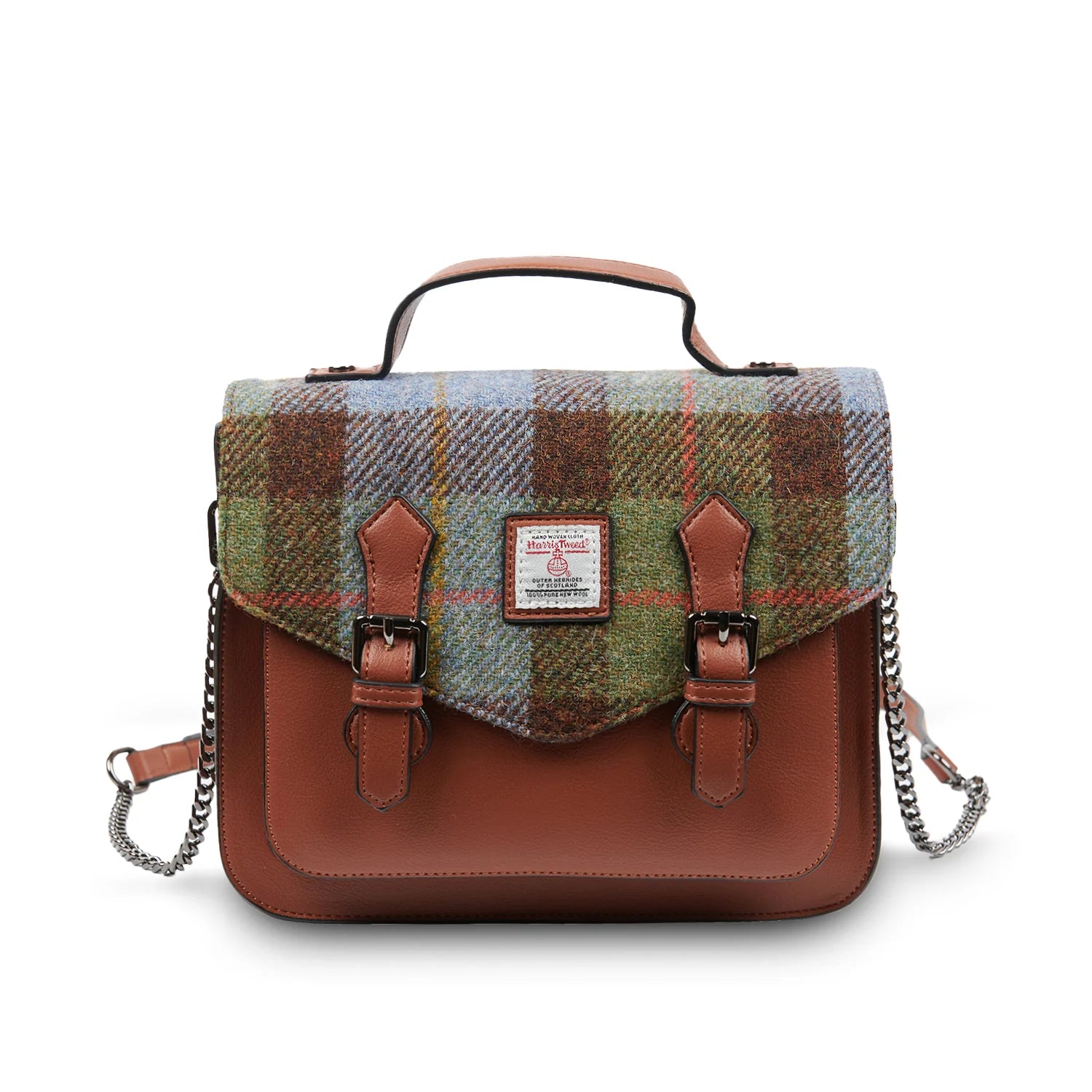 Islander Medium Calton Satchel with Harris Tweed - Chestnut-Blue Tartan